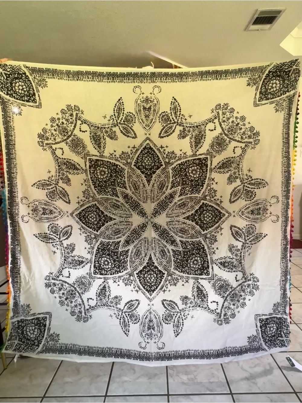Urban Outfitters Boho Black/White Floral Mandala Tapestry w/ Pom Poms